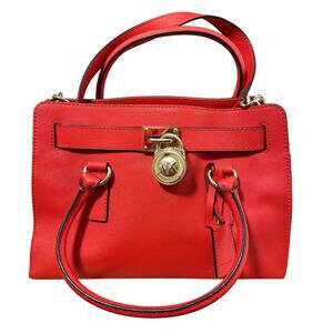 Michael Kors Hamilton Satchel Red Leather Gold Chain Tote Bag Purse Handbag